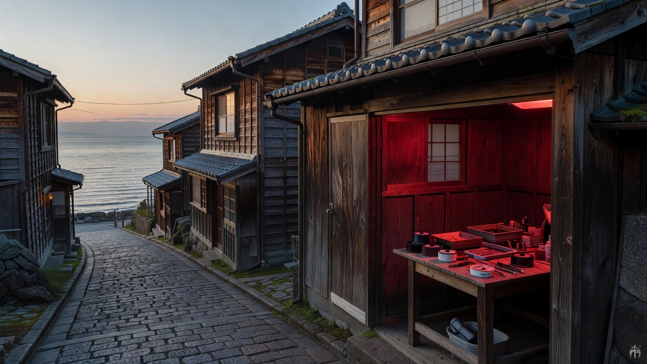 日本三级片免费影片中的海边小城街道与旧暗房场景